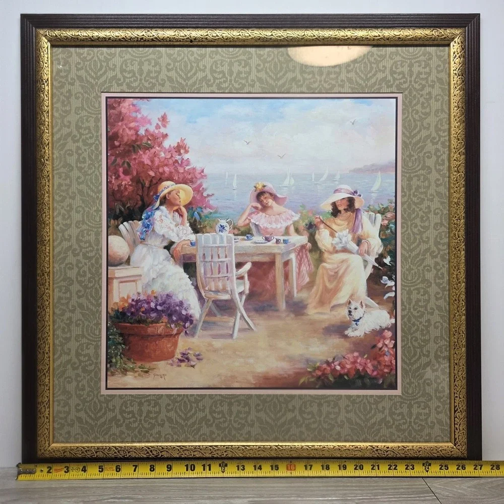 Vintage VICTORIAN LADIES TEA BY SEASHORE PICTURE - Framed And Matted - 27